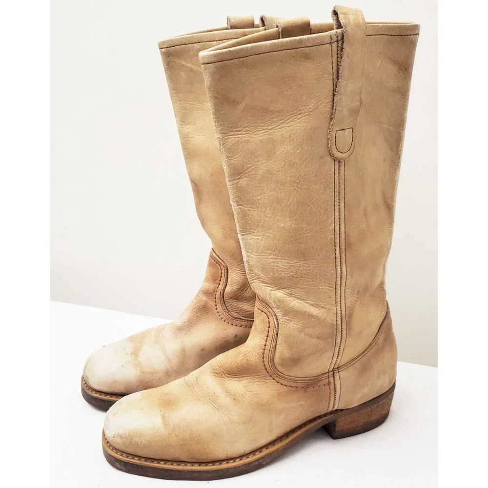 Vtg 1970's Men's Steel-Toe Engineer Rugged Workwear BONE COLOR Boots 7.5 D
